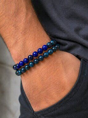 Blue Glass Beaded Stretch Bracelets Set Stackable Unisex Jewelry Boho Gift